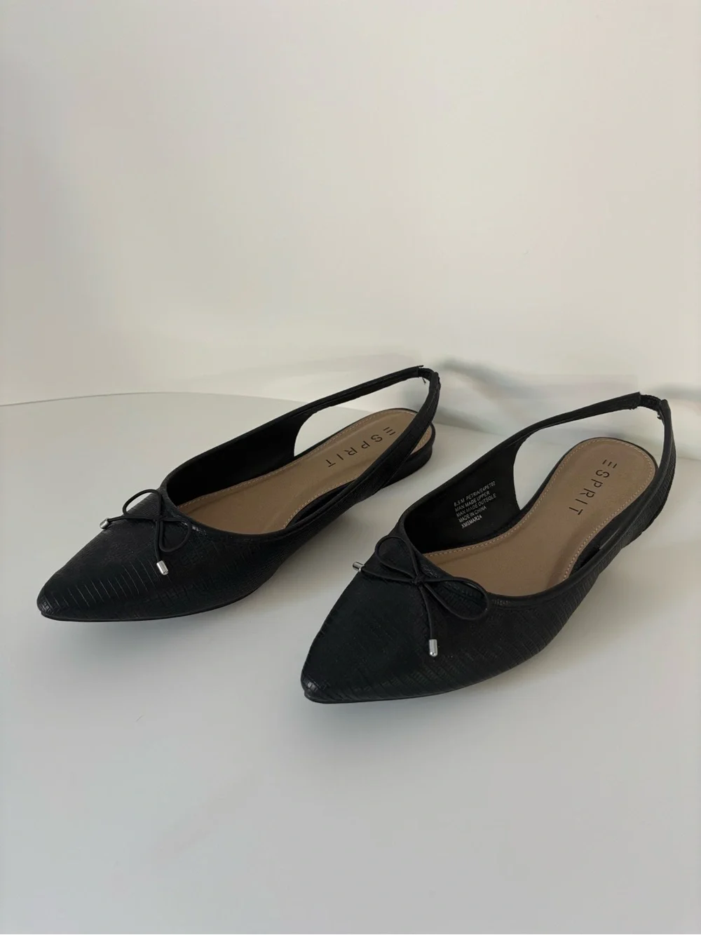 Esprit Black Textured Pointed Slingback Flats with Bow Accent